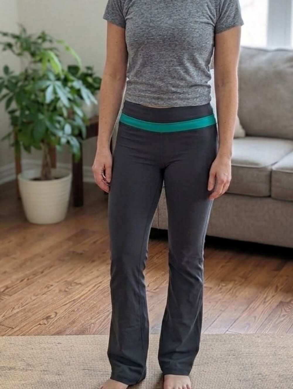 Grey Yoga Pants With Green Waist Stripe